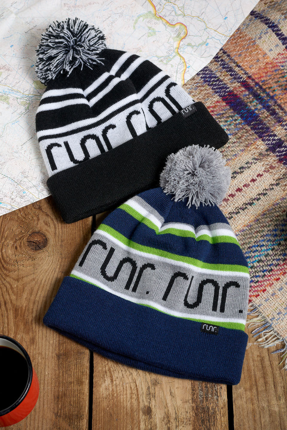 Runr Nordic Bobble Hat 2 pack - Navy + Black & White Bundle